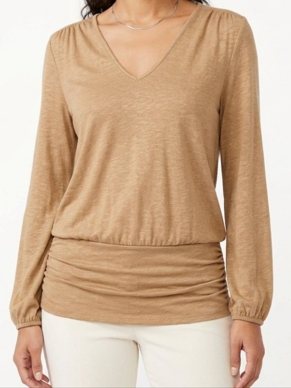 White House Black Market WHBM V Neck Long Sleeve Pleated Gold Blouse Rayon Sz M